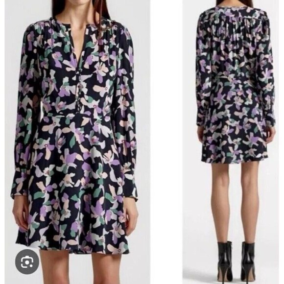 Equipment Femme Woman’s Sz 2 Danette Black Lavender Floral Silk Dress - Picture 2 of 13